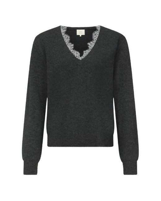 Loulou de Saison Black Leyla Lace-Trim V-Neck Sweater