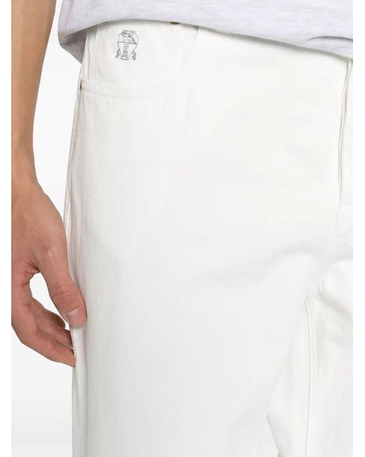 Brunello Cucinelli White Logo-embroidered Tapered Cotton Jeans for men