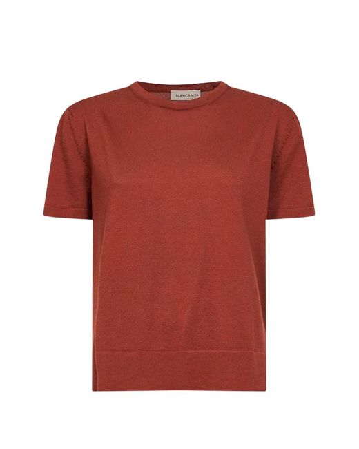 Blanca Vita Red Ribbed Short-Sleeve Sweater