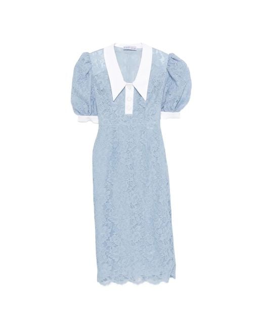 ROWEN ROSE Blue Robe Mi-Longue En Dentelle À Manches Bouffantes
