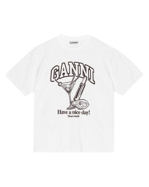 Ganni White T-Shirt mit Cocktail-Print