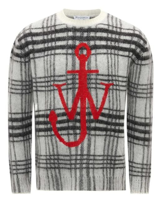 J.W. Anderson Gray Tartan-Check Crew-Neck Jumper