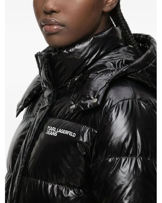 Karl Lagerfeld Black Long Shiny Puffer Jacket