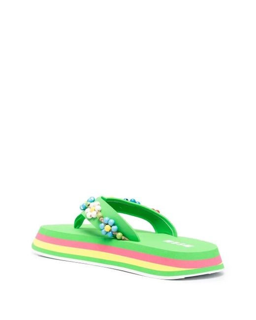 MSGM Green Bead-Embellished Flip Flops