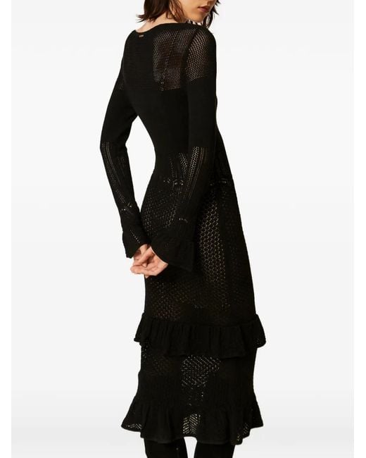 Twinset Black Long Wool Blend Knit Dress With Ruffles