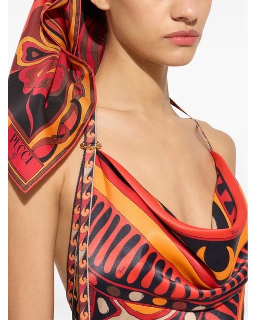Emilio Pucci Red Foulard En Soie À Imprimé Orchidée