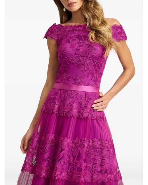 Tadashi Shoji Purple Floral-Embroidered Tiered Midi Dress