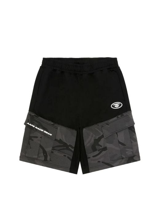 Aape By A Bathing Ape Black Aapeunvs Camouflage-Panel Logo-Print Shorts for men