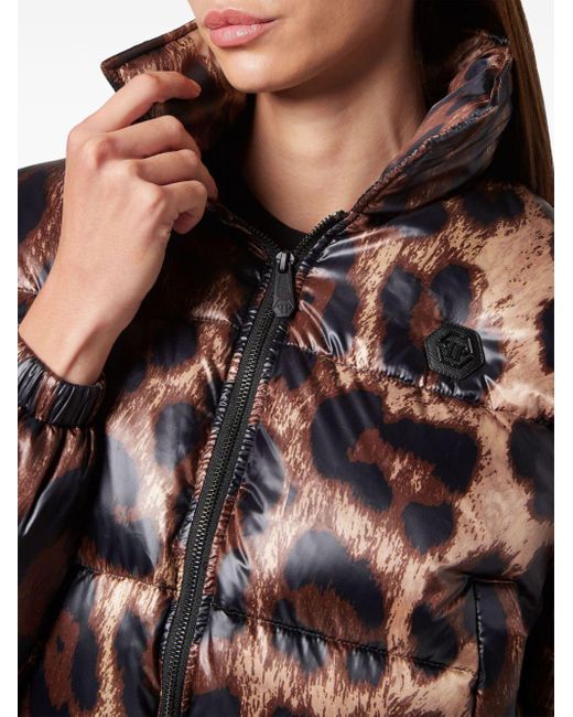 Philipp Plein Brown Leopard-print Quilted Down Jacket