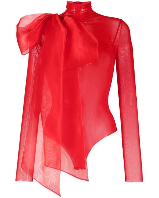 Atu Body Couture Red Semi-Sheer Bow-Detail Bodysuit