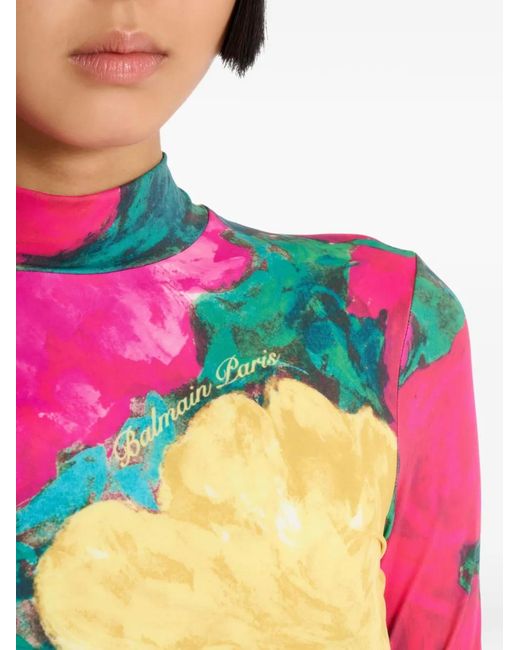 Balmain Pink Printed High-Neck Top