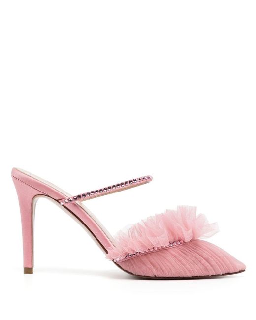 Andrea Wazen Leather Ruched Rhinestone Mules in Pink | Lyst
