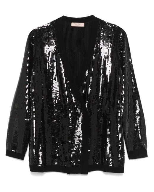 Twinset レディース ブラック スパンコール ダブルブレスト カーディガン
