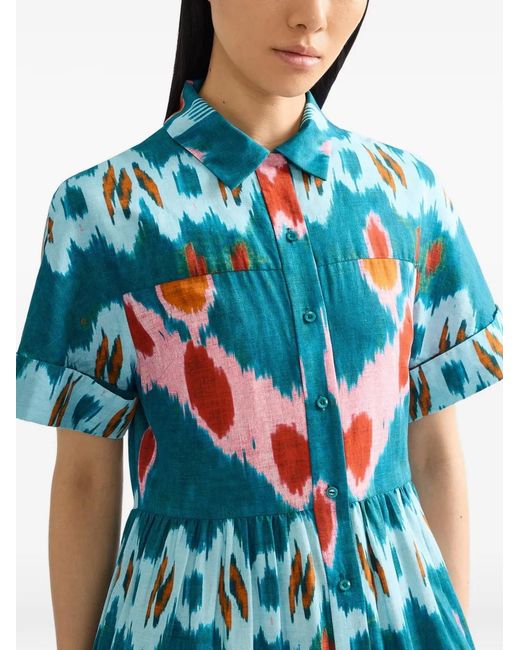 Erdem Blue Ikat-Print Tiered Shirt Maxi Dress