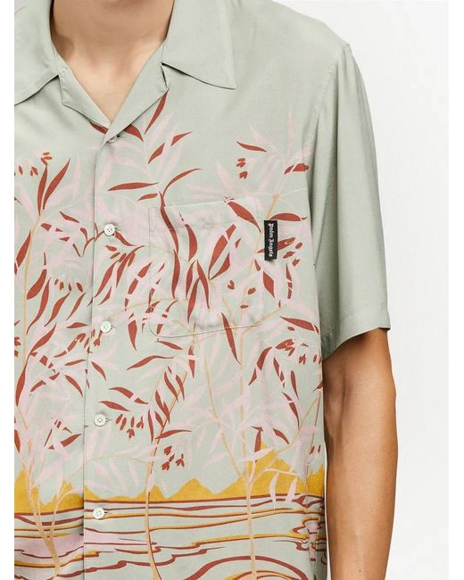 Palm Angels Gray Lagoon-Print Short-Sleeved Shirt for men