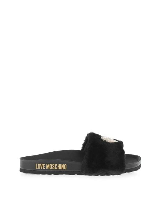 Moschino Black Rhinestone Heart-Patch Slides