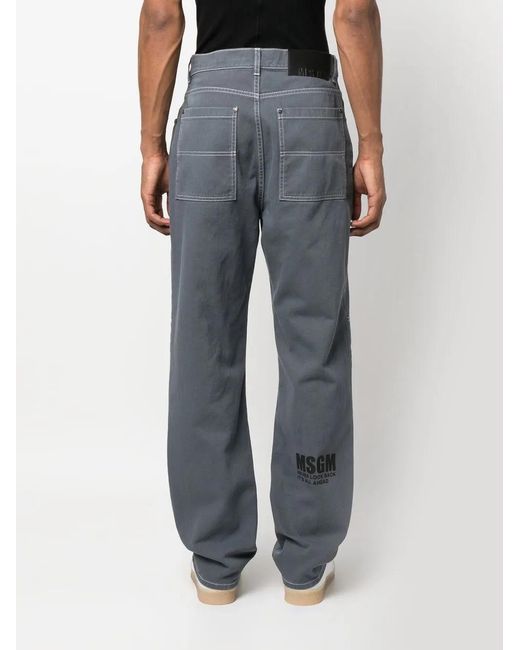 MSGM Blue Logo-Print Straight-Leg Trousers for men
