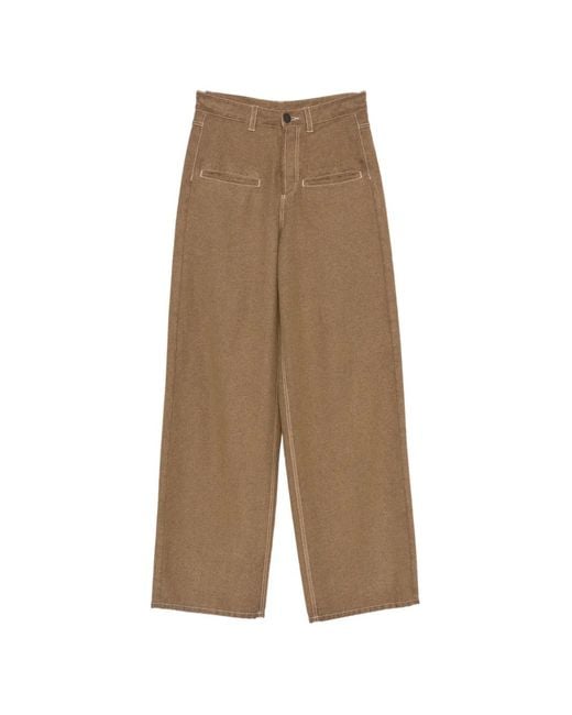 Uma Wang Natural Contrast-Stitch Wide-Leg Trousers