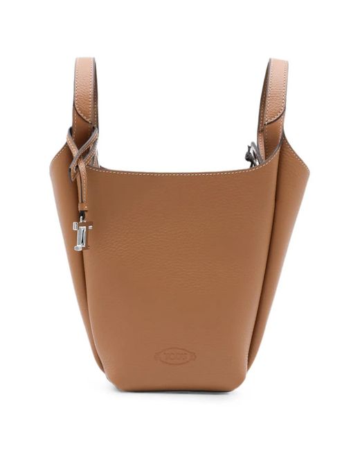 Tod's Brown Logo-Embossed Leather Bucket Bag