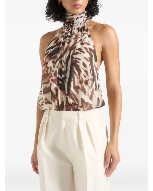 Manière De Voir White Phoebe Animal Blouson Tie-Neck Open Back Top Multi