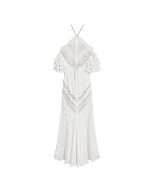 Amen White Lace-Panelled Ruffled Maxi Dress