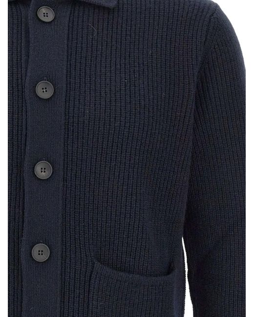FILIPPO DE LAURENTIIS Blue Ribbed Patch-Pocket Cardigan for men