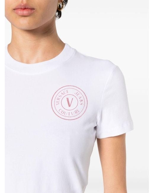 Versace White Glitzer-T-Shirt mit E-Emblem