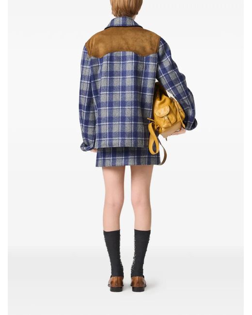 Miu Miu Blue Wool Check Mini Skirt
