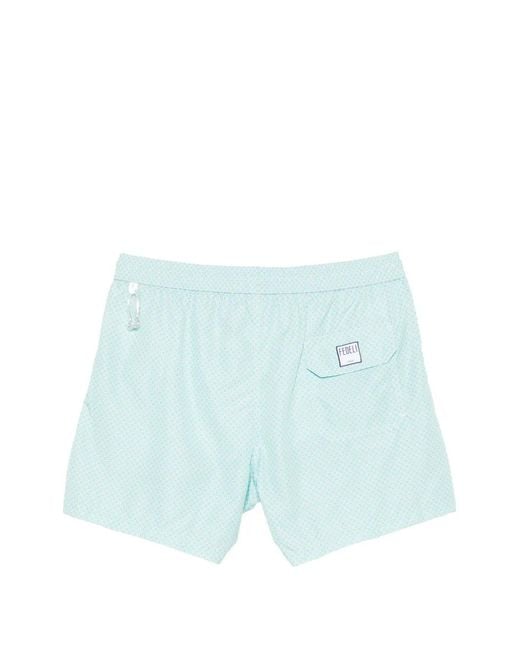 Fedeli Blue Drawstring Patterned Swim Shorts for men