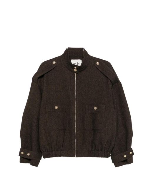 Maje Black Herringbone-Pattern Stand-Up Collar Jacket