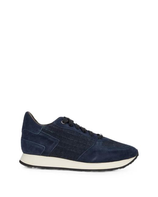 Moorer Blue Suede-Panelled Denim Sneakers for men
