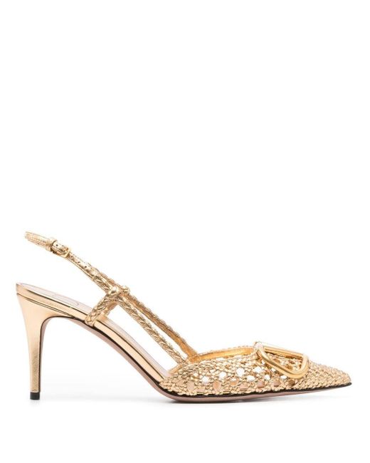 Valentino Garavani Vlogo Woven Leather Slingback Pumps in Gold ...