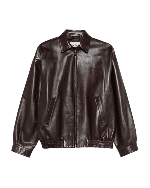 Miu Miu Brown Logo-Detail Leather Jacket