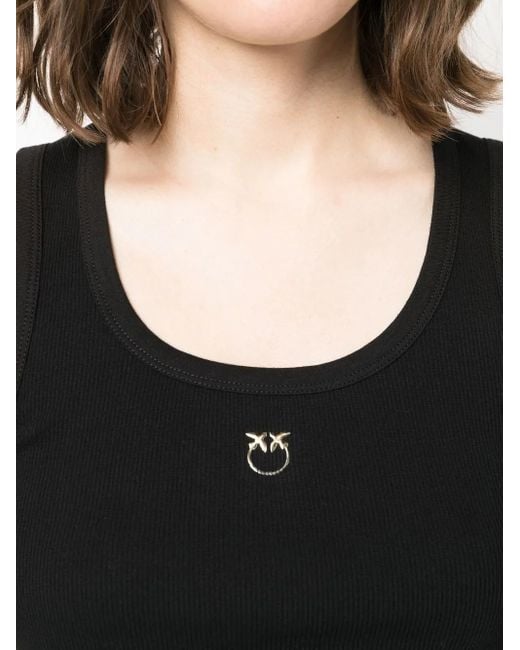 Pinko Black Ribbed Tank Top With Front Logo Embroidery In Stretch Cotton Woman