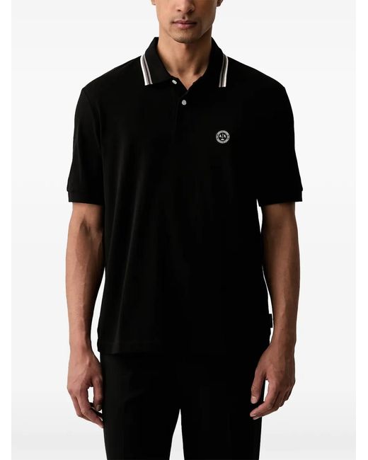 ARMANI EXCHANGE Black Logo-Patch Striped-Trim Polo Shirt for men