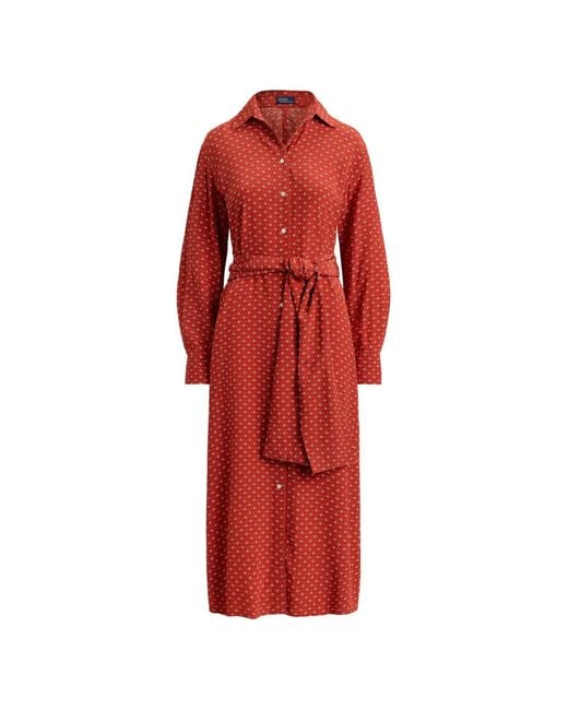 Polo Ralph Lauren Red Geometric-Print Belted Shirt Midi Dress