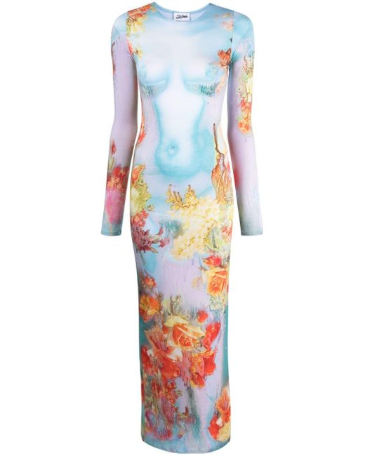 Jean Paul Gaultier White The Blue Body Flower Trompe L'oeil Maxi Dress