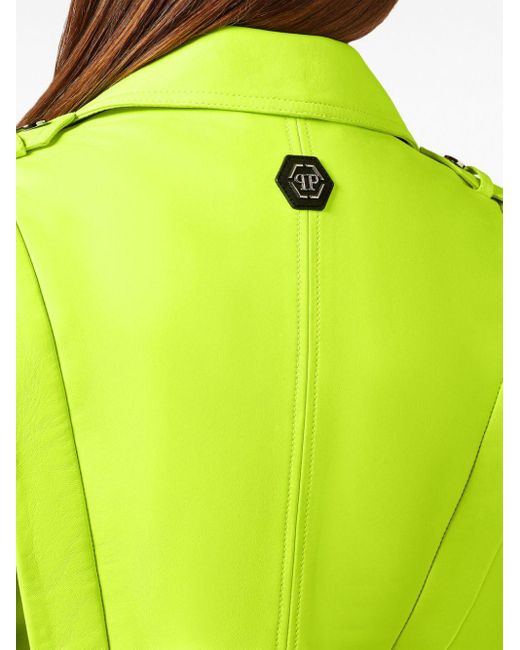 Philipp Plein Green Leather Biker Jacket