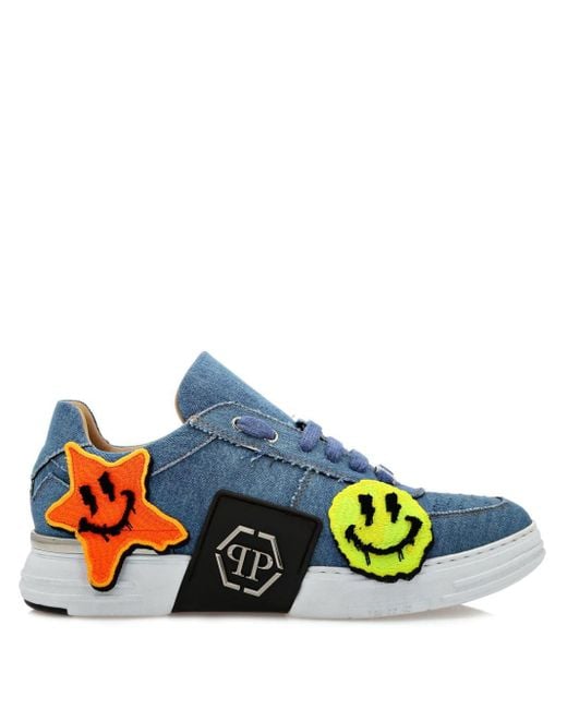 Philipp Plein Blue Smile Graffiti Denim Low-top Sneakers