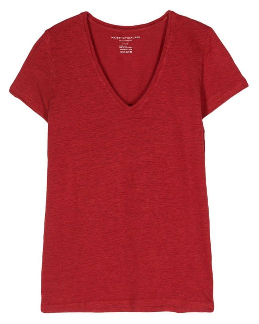 Majestic Filatures Red V-neck Linen-blend T-shirt