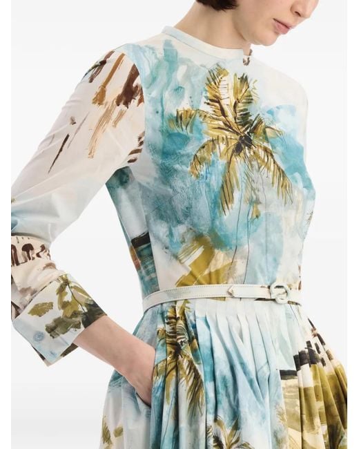 Oscar de la Renta White Dominican Landscape Cotton Poplin Short-Sleeve Dress
