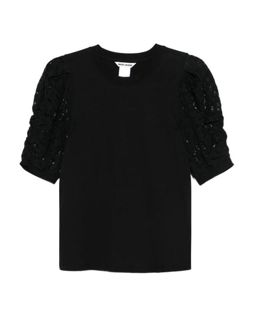 DKNY Black Lace-Insert Puff-Sleeve T-Shirt