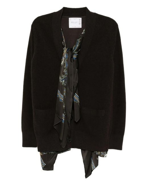 Sacai Black Bandana-Layered Wool Cardigan