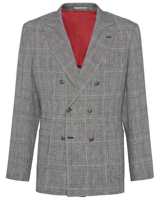 Brunello Cucinelli Gray Plaid Double-Breasted Blazer for men