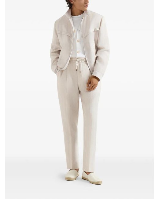 Brunello Cucinelli White Linen Chalk Stripe Chevron Outerwear Jacket for men