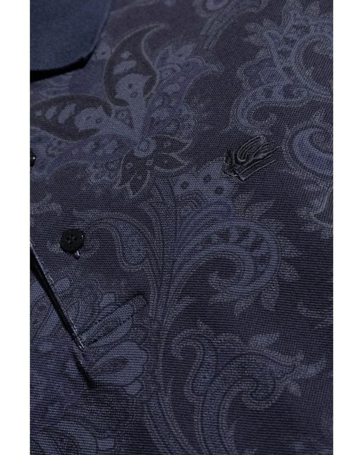 Etro Blue Cotton Polo With Decorative Pattern for men