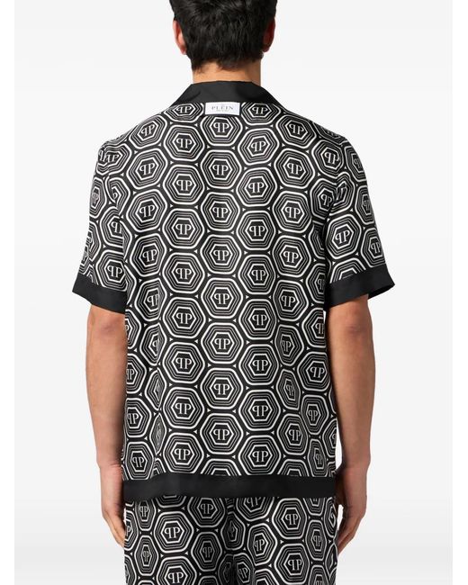Philipp Plein Black Silk Bowling Shirt Monogram 70's for men