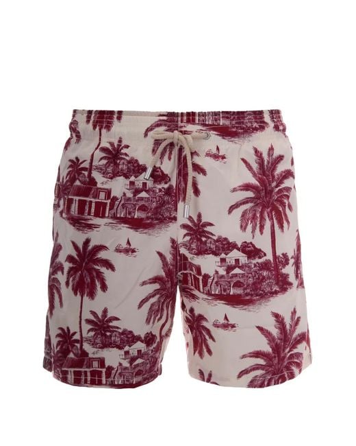 Mc2 Saint Barth Red Toile De Jouy Print Swim Shorts for men