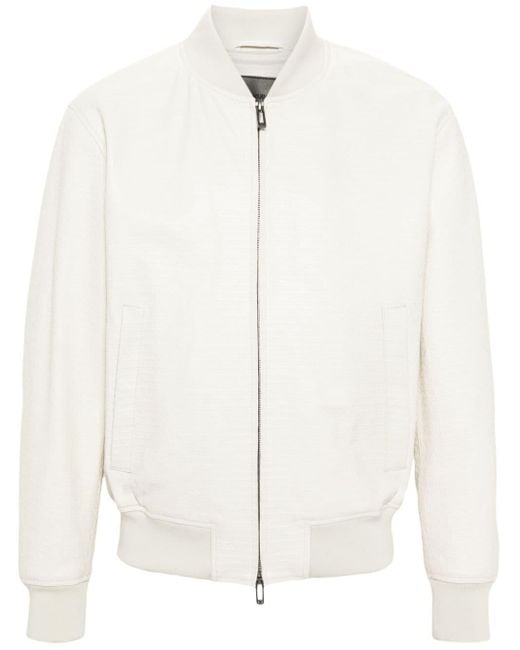 Emporio Armani White Logo-debossed Leather Bomber Jacket for men