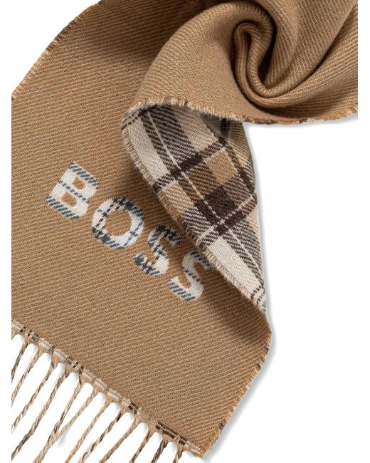Boss Natural Check-Pattern Fringed Scarf for men